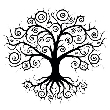recommend clip art: Yggdrasil tree, black and white tree silhouette vector isolated on white background