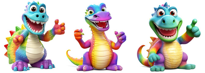 collection of happy colorful baby dragon 3D render character cartoon style Isolated on transparent background