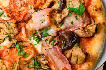 Appetizing poster with slices of different types of pizza in one set served on wooden board. Close up view