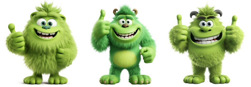collection of Green furry and cute monster dancing and waving 3D render character cartoon style Isolated on transparent background