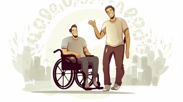 Disabled man in a wheelchair with his friend.