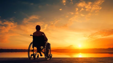 Foto op Canvas Silhouette of disabled man on wheelchair at the beach during sunset, Disable day © Mr. Muzammil
