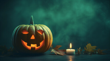 Carved Lit Pumpkin or Jack-O-Lantern with Candle Next to It on Matte Green Background with Copy Space - Halloween and Spooky Season Theme - Generative AI