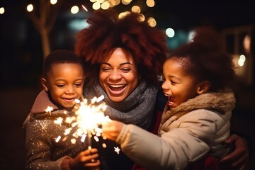 Cheerful African American mother and her kids