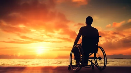 Foto op Plexiglas Silhouette of disabled man on wheelchair at the beach during sunset, Disable day © Mr. Muzammil