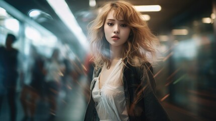 Obraz na płótnie Canvas Stunning blonde model standing in city subway, fast paced lifestyle, creative long exposure light streaks and motion blur bokeh background, wearing edgy grunge street fashion - generative AI