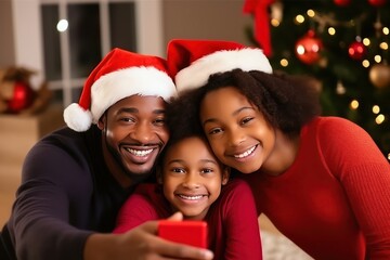 Cheerful African family making selfie together for Christmas