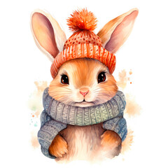 Cute watercolor painting of a baby rabbitin winter. AI technology
