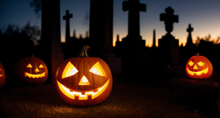 Halloween pumpkins with glowing eyes in a graveyard at night. Autumn spooky holiday wallpaper with laughing jack-o-lantern on grass among graves