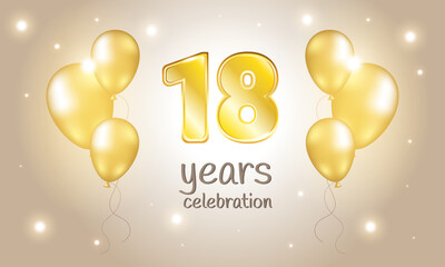 Obraz premium 18 years old. Banner for celebration. Number 18 in gold color with balloons. Adulthood. 