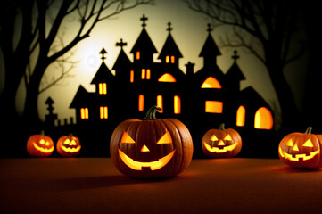 Spooky carved Halloween pumpkin with glowing eyes and a cursed house in the background. Autumn holiday wallpaper with creepy laughing jack-o-lantern and haunted castle, mansion at night