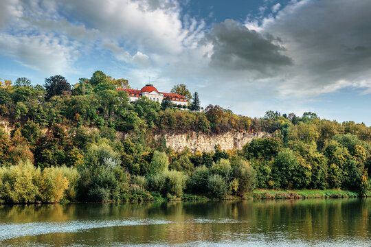 Autumn Landscape - River And Shores With Trees, Bushes And City Houses Marbach Am Neckar. Panoramic Aerial View Of The River In A City Park. Deciduous Trees, Golden Leaves. Autumn Landscape. Ecology