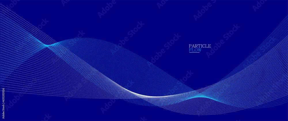 Poster dark blue airy particles flow vector design, abstract background with wave of flowing dots array, di