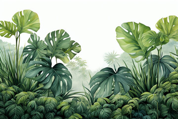 Seamless tropical plants leaves background with copy space watercolor