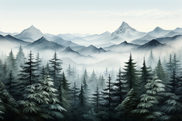 Seamless pattern foggy spruce pine forest winter scenery watercolor