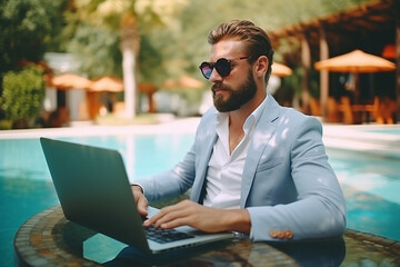 Businessman in a suit chatting with colleagues on a laptop while sitting in the pool. Remote work online concept. Funny incredible illustration.