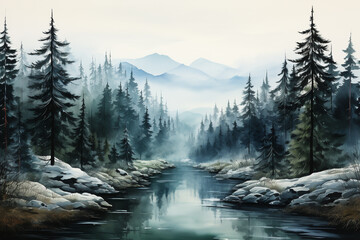 Foggy spruce forest winter scenery with river watercolor illustration