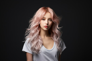Naklejka premium Beautiful portrait of Asian model with curly and pink hair black background