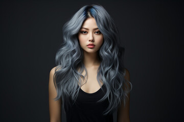 Fototapeta premium Beautiful portrait of Asian model with curly and blue hair black background