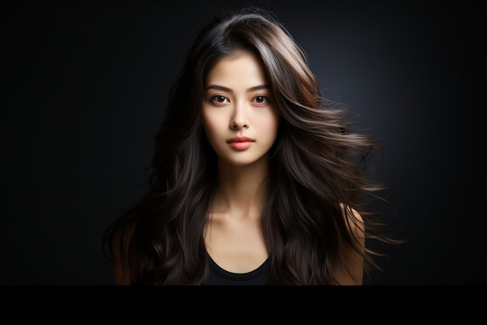Beautiful portrait of Asian model with curly hair  black background