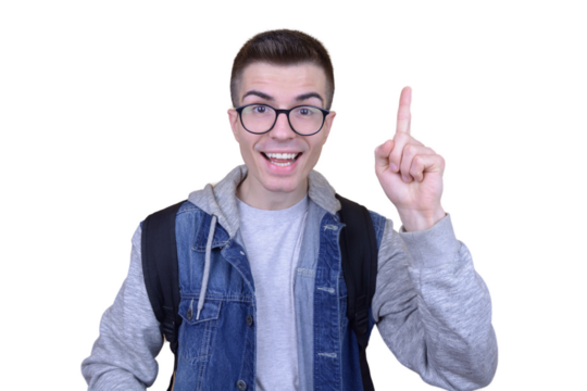 Smiling student in glasses points upward with a finger, signaling a brilliant idea, against a transparent background. Ideal for illustrating creative inspiration on various platforms. - Powered by Adobe