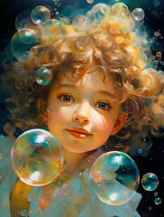 Fantasy kid and bubbles. Ai generated