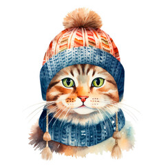 Sweet baby cat in winter watercolor. Ai Technology