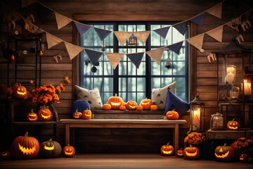 Obraz premium Halloween decorated Window Sill with lantern Pumpkins, generative ai