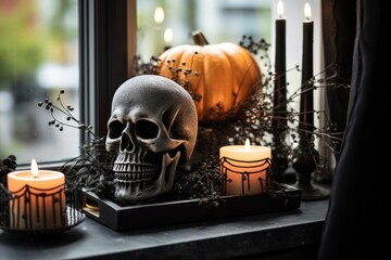 Halloween decorated window with Candles and skulls, generative ai