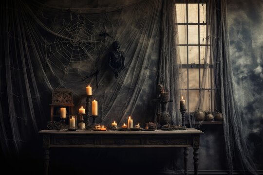 Dark and Spooky Room with Candles and Skulls decoration on window, generative ai