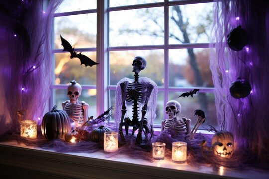 Halloween Window Sill Decoration with Skeleton and Skull, generative ai