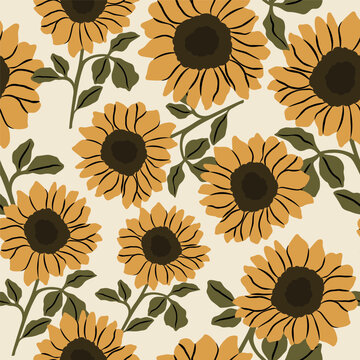 Flat vector sunflower branch seamless pattern