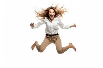Woman Jumping In The Air With Her Hair In The Air On A White Background