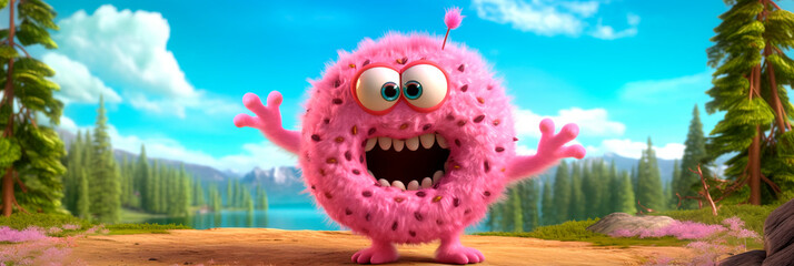 Banner with Fluffy pink donut on the shore of forest lake. Generative AI. Amazed and cute being. National Donut Day. header for website, blog, roadside cafe advertisement, confectionery, bakery.