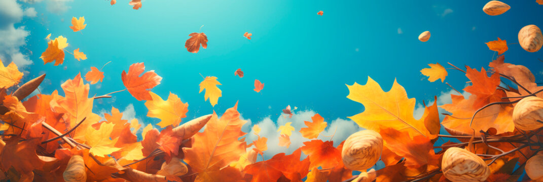 Banner with Falling Autumn Leaves. Generative AI. Yellow leaves of maple and oak against the sky. Crisp Air and Nature Walks. Fall Foliage Tours. Header for website, advertisement, article.