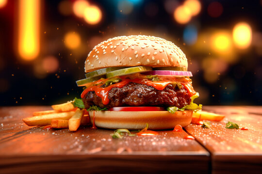Burger party. Generative AI. Burger day. Appetizing hamburger on wooden table against backdrop of evening restaurant. Fusion Burgers concept. image for packaging, advert, poster, promotion, cafe