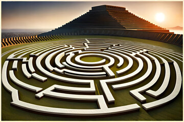 Circular maze, labyrinth door, way to success, 3d rendering. Generative AI