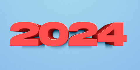 2024 happy new year, red 3d number with light blue background
