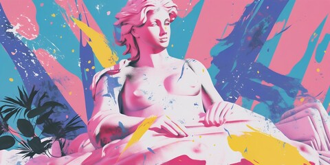 Colorful Retro 90s Style Art with Marker Texture and Marble Statue. Generative AI.