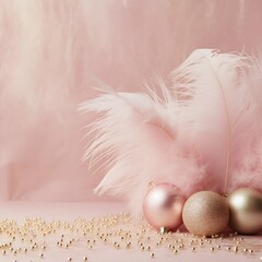 Christmas Background with Delicate Pink Feathers and Sparkling Balls. Generative AI.