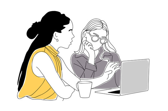 Two different business women working together at laptop. Diverse business team concept. Modern vector simple outline hand drawn illustration for graphic and web design. Transparent background.