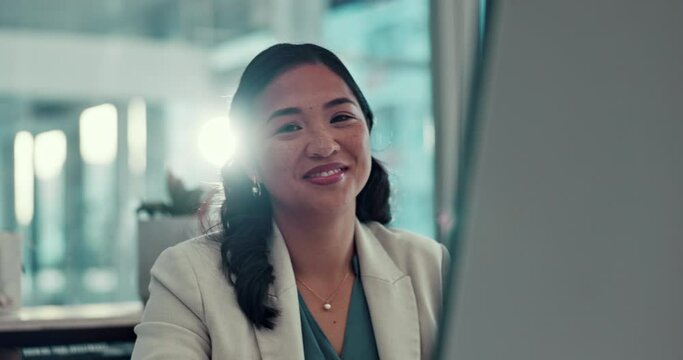 Business woman, face and typing on computer for online Human Resources and happy job in office. Employee, professional asian person or HR worker smile and planning on desktop with career mindset