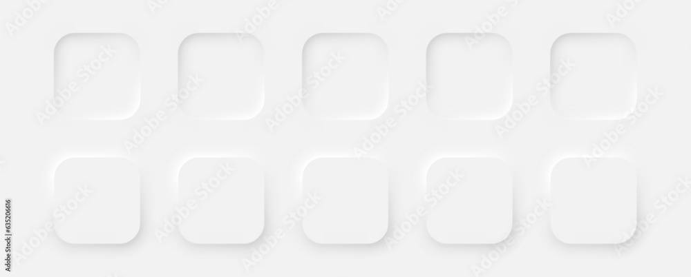 Poster square buttons in a neomorphic style on a white background. a set of user interface design elements.