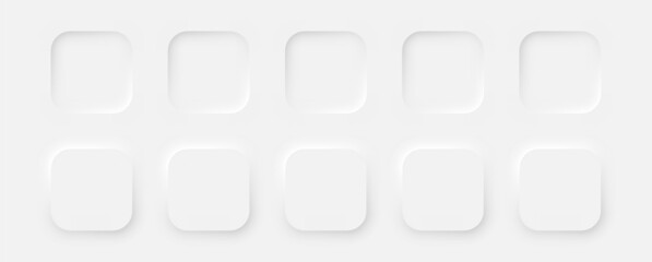 Square buttons in a neomorphic style on a white background. A set of user interface design elements. Vector EPS 10.