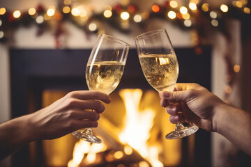 Close up of two people toasting with christmas champagne glasses in a warm home. Fireplace decorated with Christmas lights in the background.