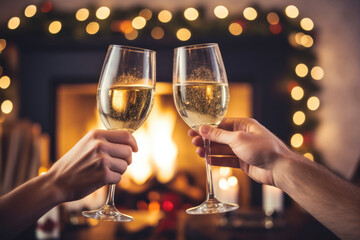 Close up of two people toasting with christmas champagne glasses in a warm home. Fireplace decorated with Christmas lights in the background.