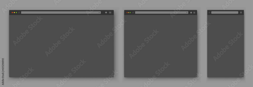 Poster a set of gray browser windows of different shapes on a dark background. website layout with search b