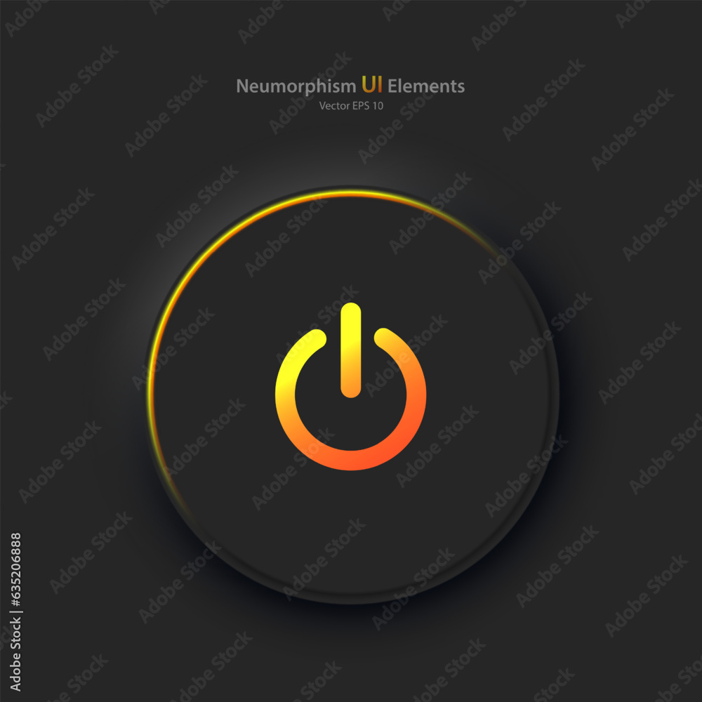 Poster a round button with a yellow-orange power symbol on a black background. user interface elements in t