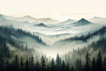 Pine tree landscape shot  with fog in background