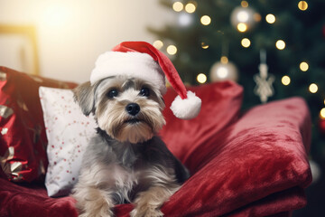 Portrait of cute dog on cosy sofa at home, celebrating Christmas holidays wearing a red Santa Claus hat. Decorated Christmas tree and Christmas lights in background.